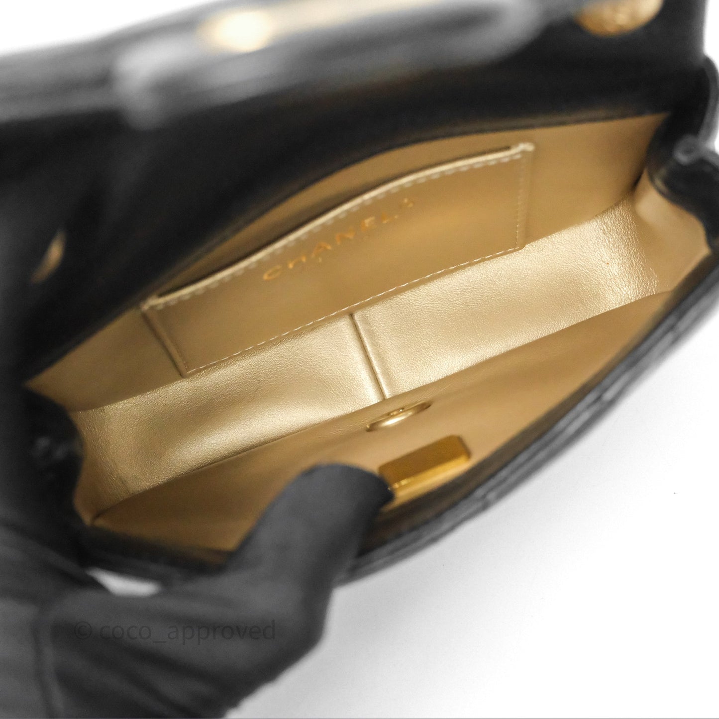 Chanel Mini Flap Bag With Pearl Black Lambskin Aged Gold Hardware