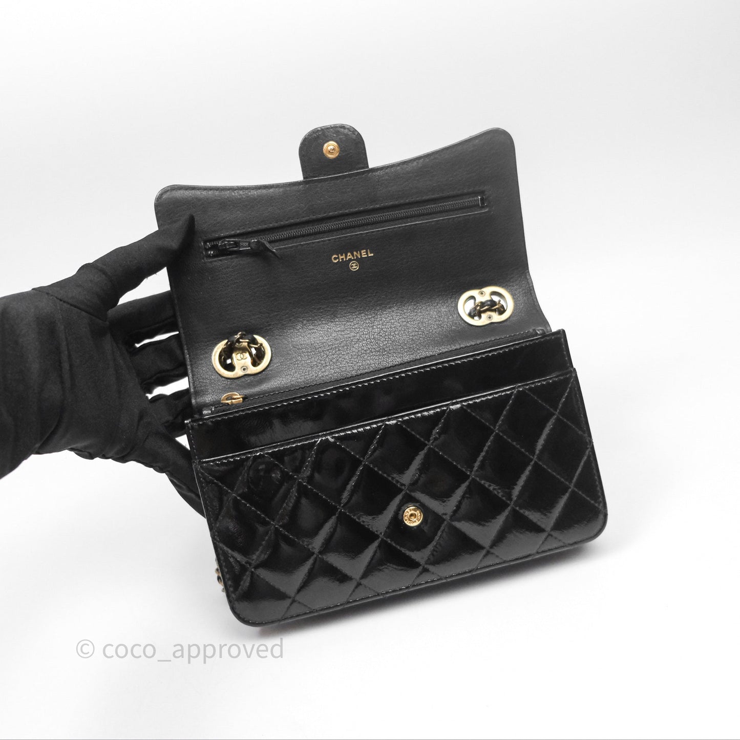 Chanel Quilted CC Logo Wallet On Chain Black Shiny Crumpled Calfskin Aged Gold Hardware