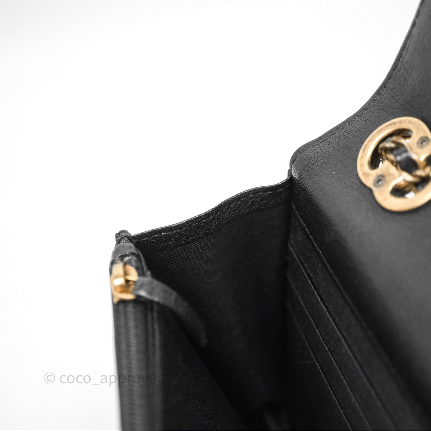 Chanel Quilted CC Logo Wallet On Chain Black Shiny Crumpled Calfskin Aged Gold Hardware
