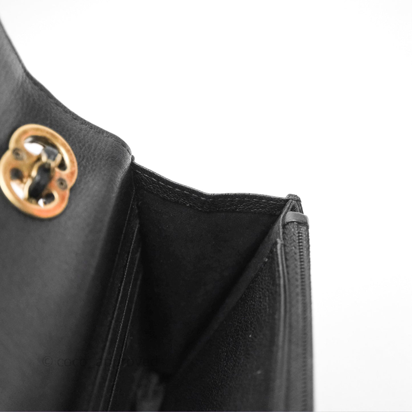 Chanel Quilted CC Logo Wallet On Chain Black Shiny Crumpled Calfskin Aged Gold Hardware