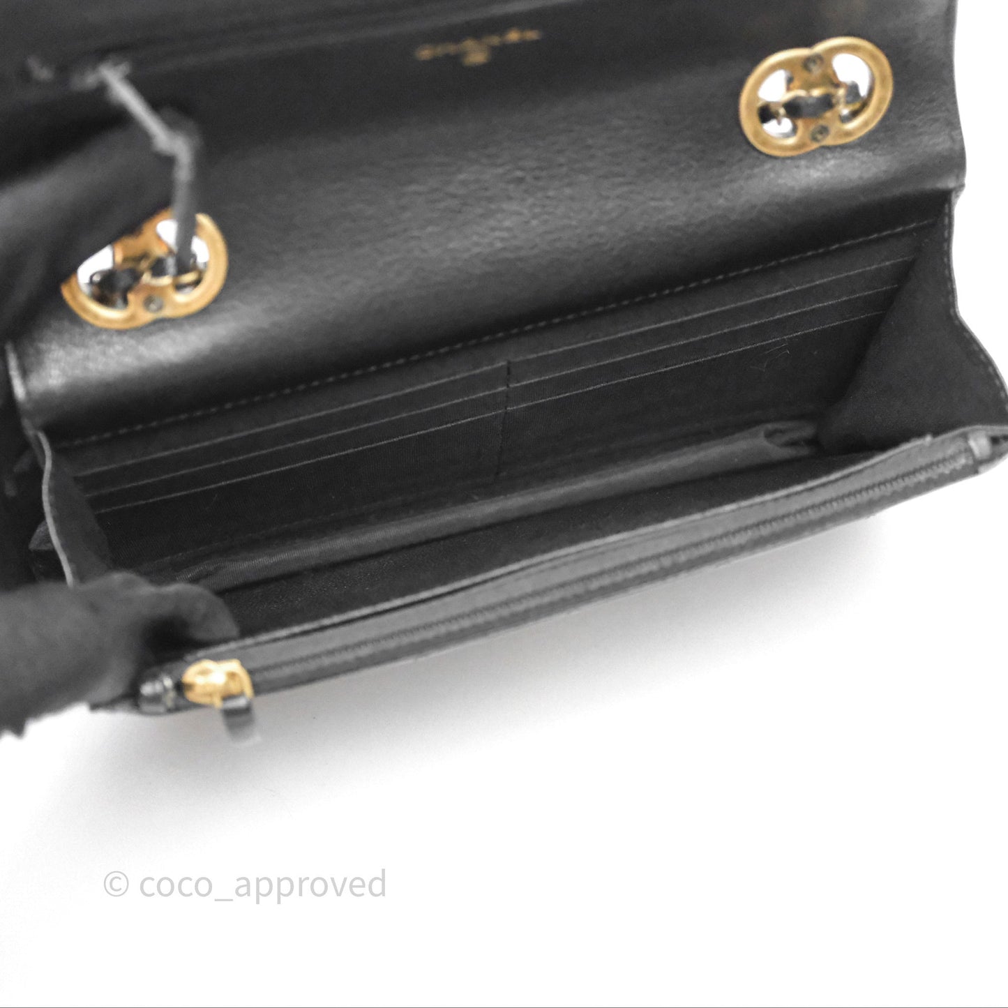 Chanel Quilted CC Logo Wallet On Chain Black Shiny Crumpled Calfskin Aged Gold Hardware