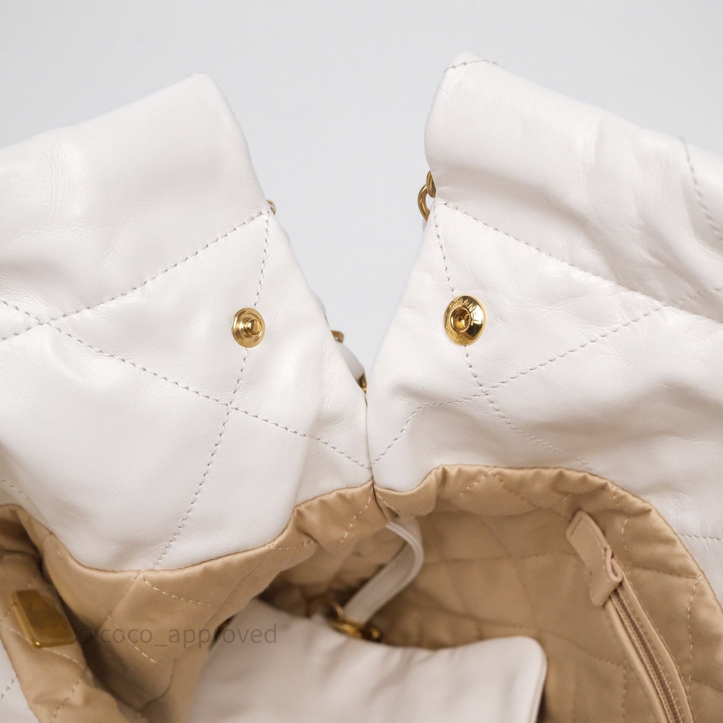 Chanel 22 Small White Shiny Calfskin Aged Gold Hardware