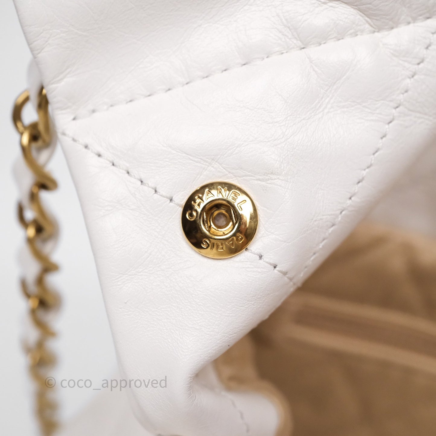 Chanel 22 Small White Shiny Calfskin Aged Gold Hardware
