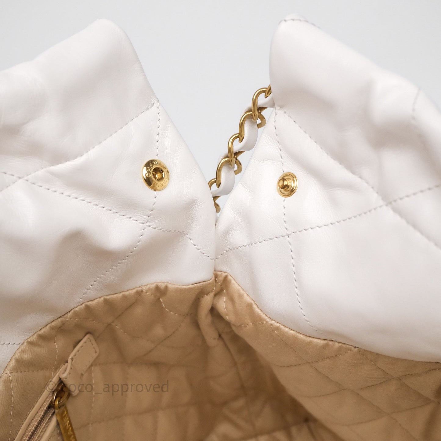 Chanel 22 Small White Shiny Calfskin Aged Gold Hardware