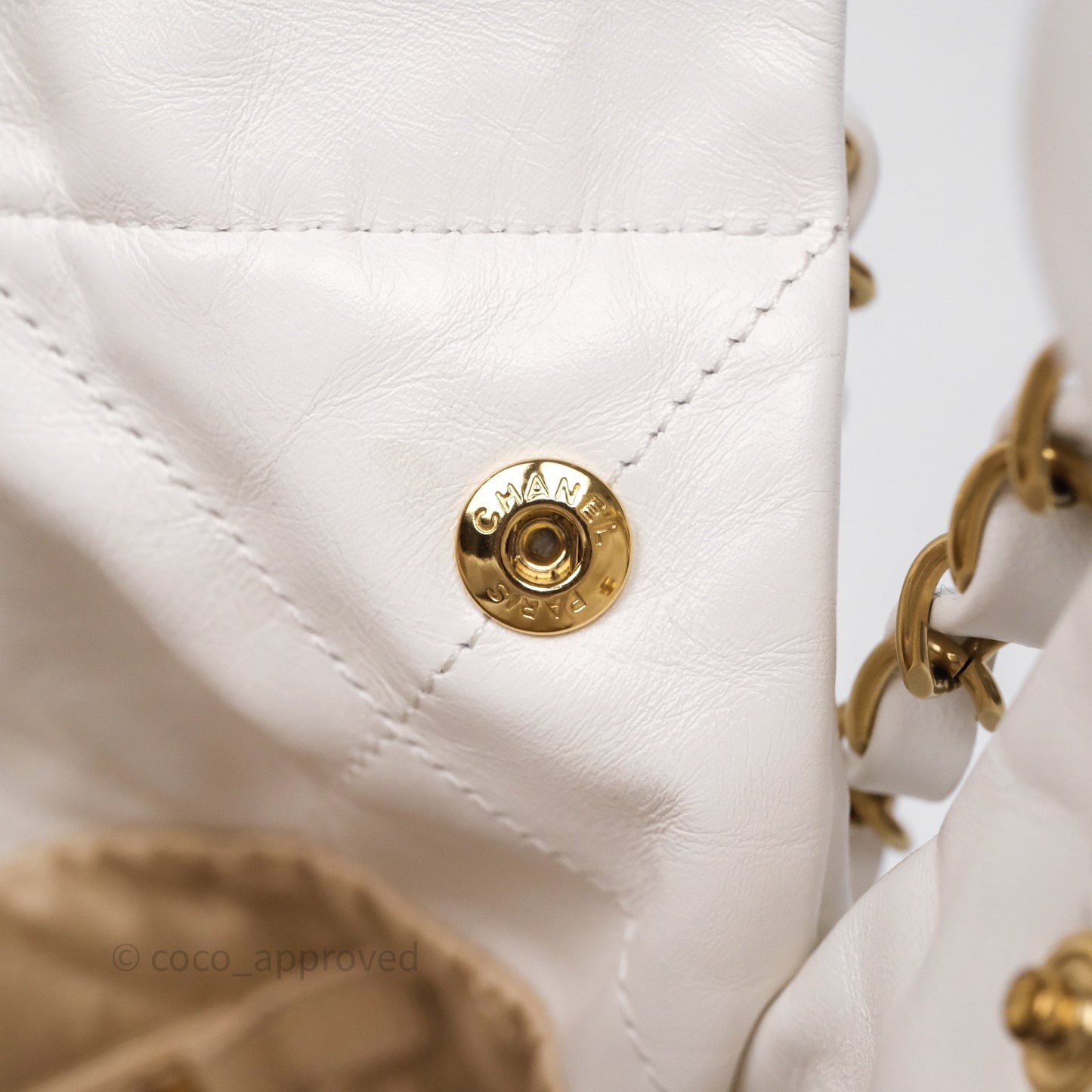 Chanel 22 Small White Shiny Calfskin Aged Gold Hardware