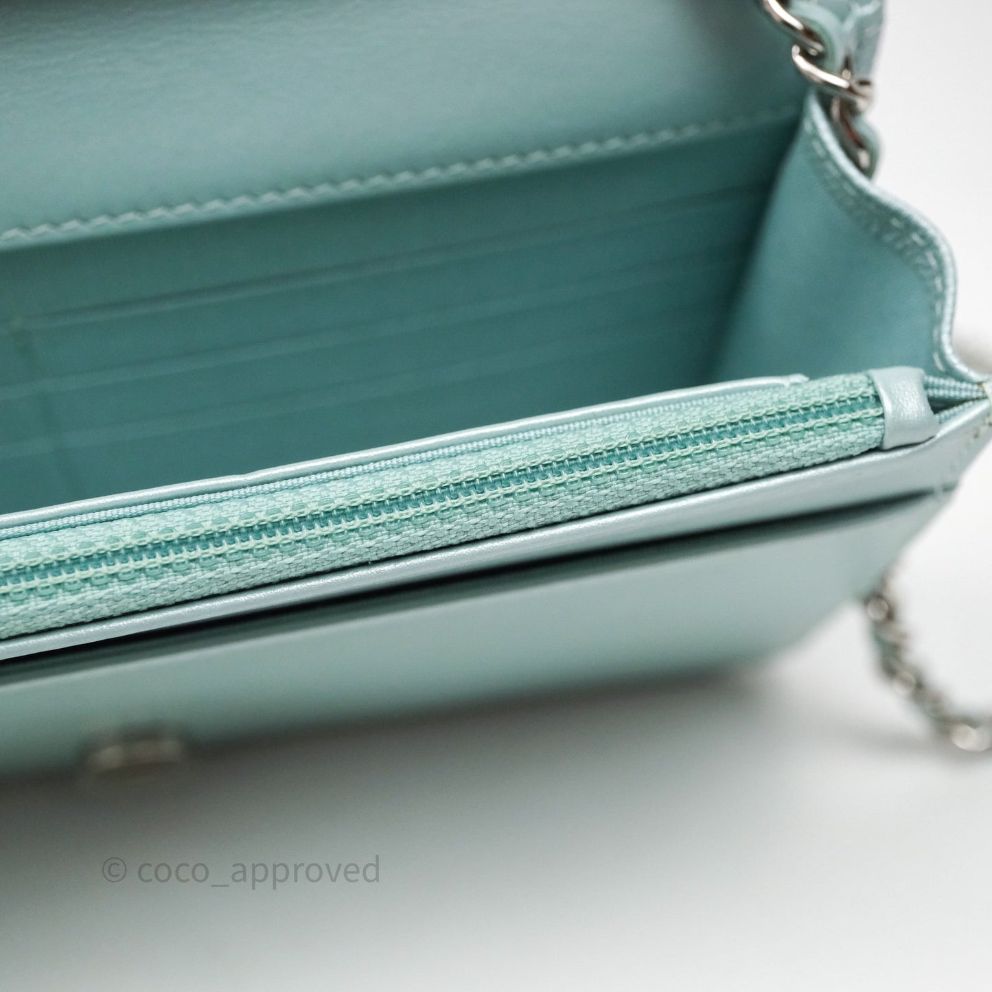Chanel Mademoiselle Wallet On Chain WOC Chevron Iridescent Blue Caviar Silver Hardware