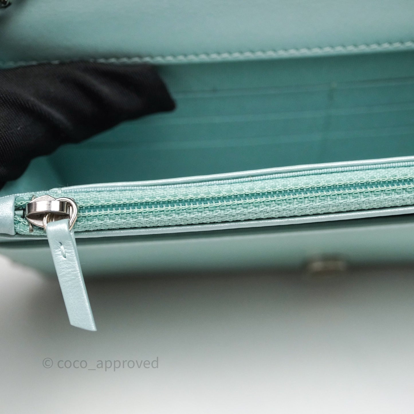Chanel Mademoiselle Wallet On Chain WOC Chevron Iridescent Blue Caviar Silver Hardware