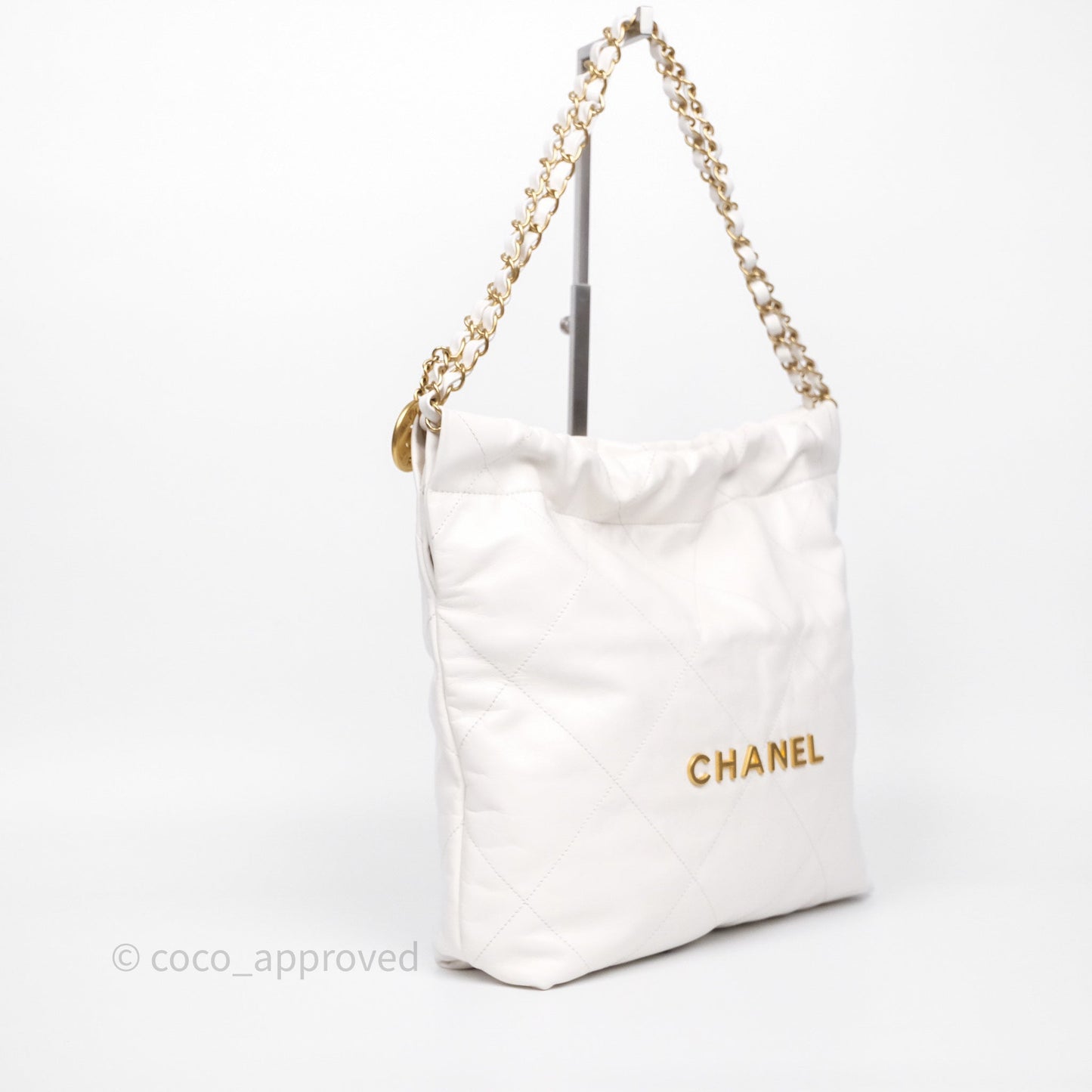 Chanel 22 Small White Shiny Calfskin Aged Gold Hardware