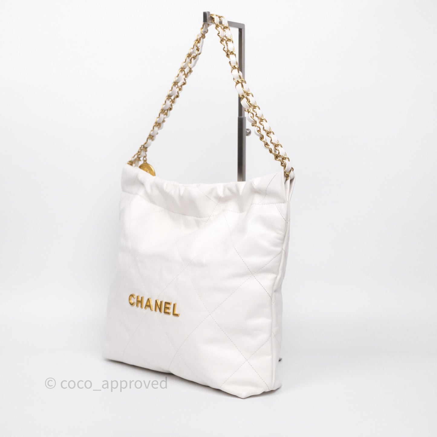 Chanel 22 Small White Shiny Calfskin Aged Gold Hardware