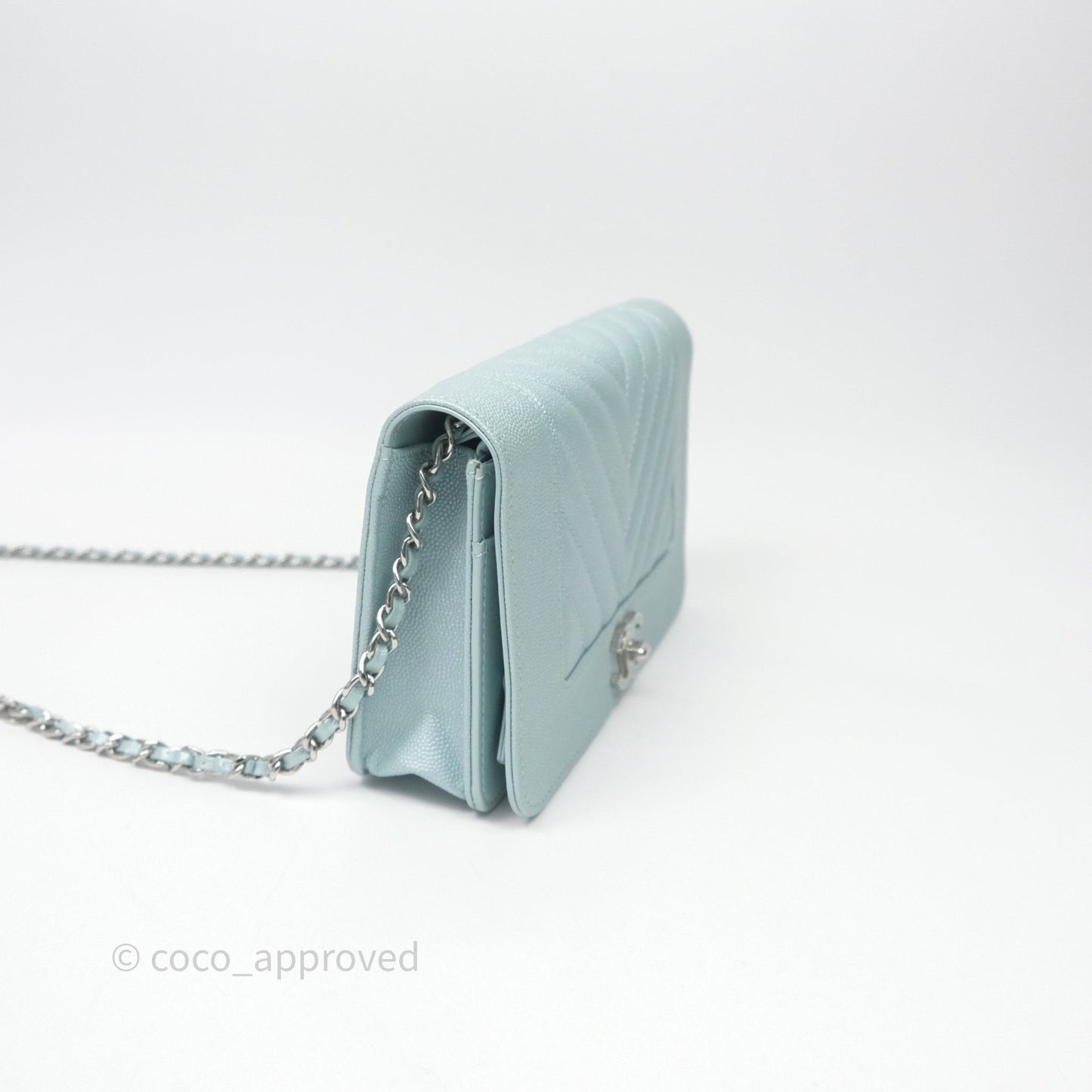 Chanel Mademoiselle Wallet On Chain WOC Chevron Iridescent Blue Caviar Silver Hardware
