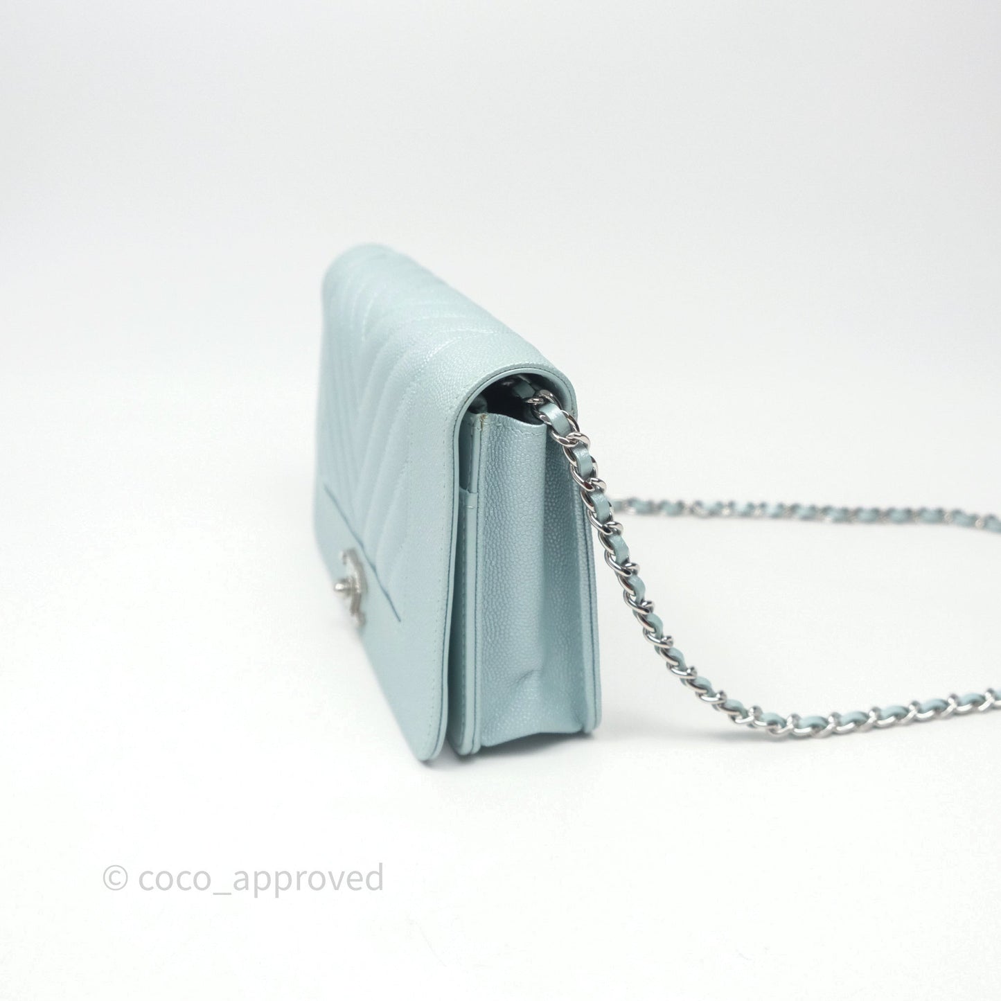 Chanel Mademoiselle Wallet On Chain WOC Chevron Iridescent Blue Caviar Silver Hardware