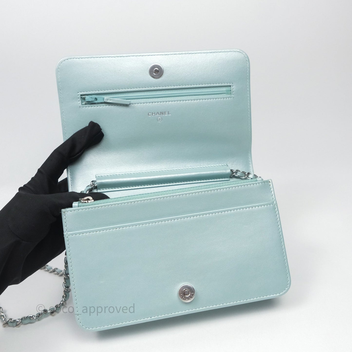 Chanel Mademoiselle Wallet On Chain WOC Chevron Iridescent Blue Caviar Silver Hardware