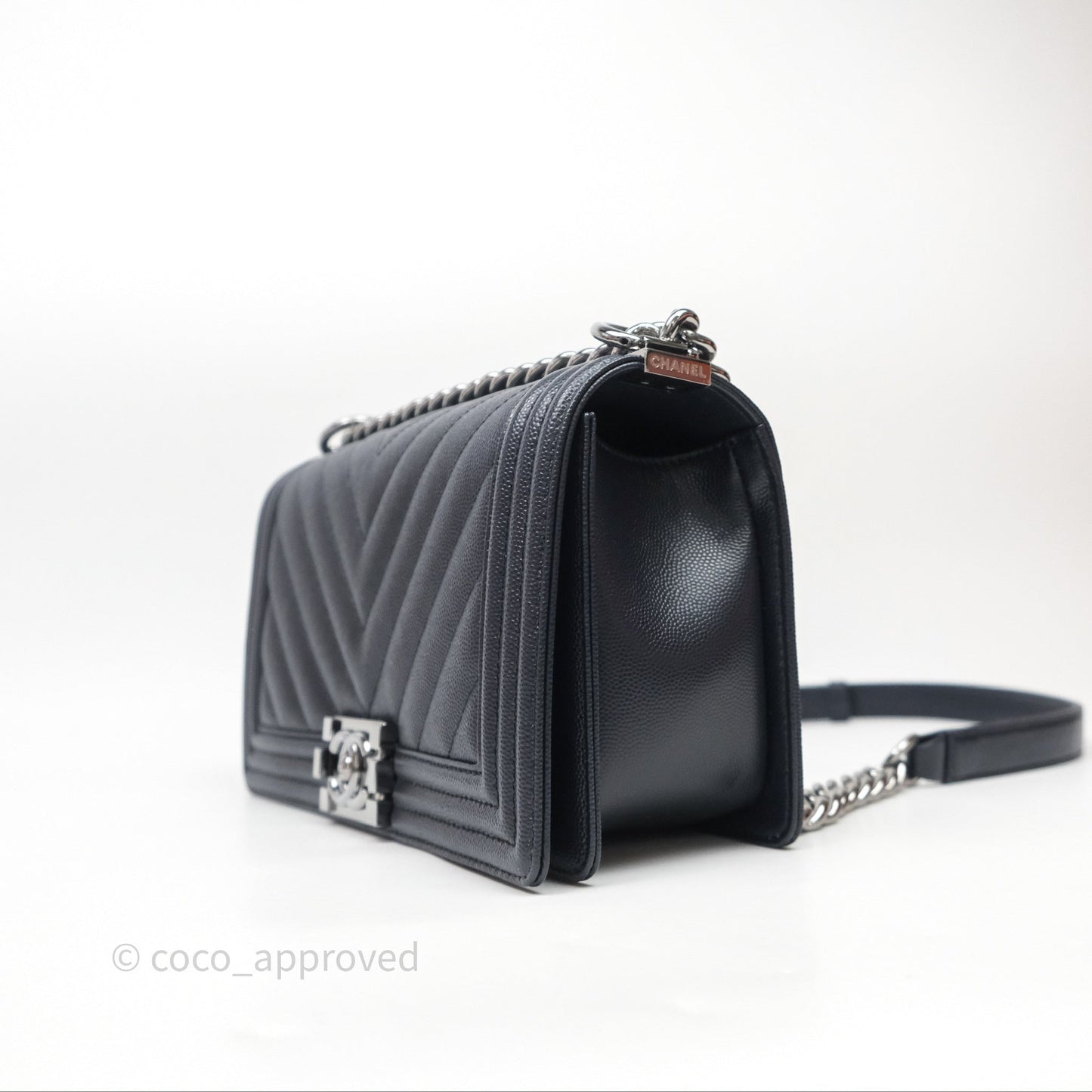 Chanel Medium Boy Chevron Dark Navy Caviar Silver Hardware
