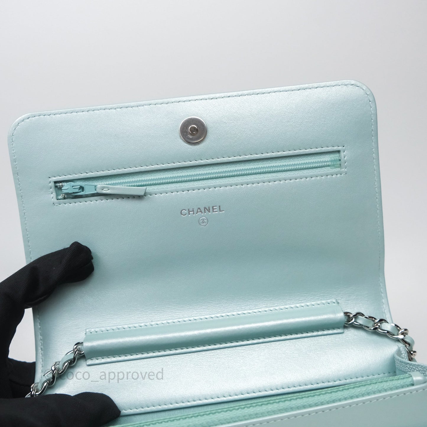 Chanel Mademoiselle Wallet On Chain WOC Chevron Iridescent Blue Caviar Silver Hardware