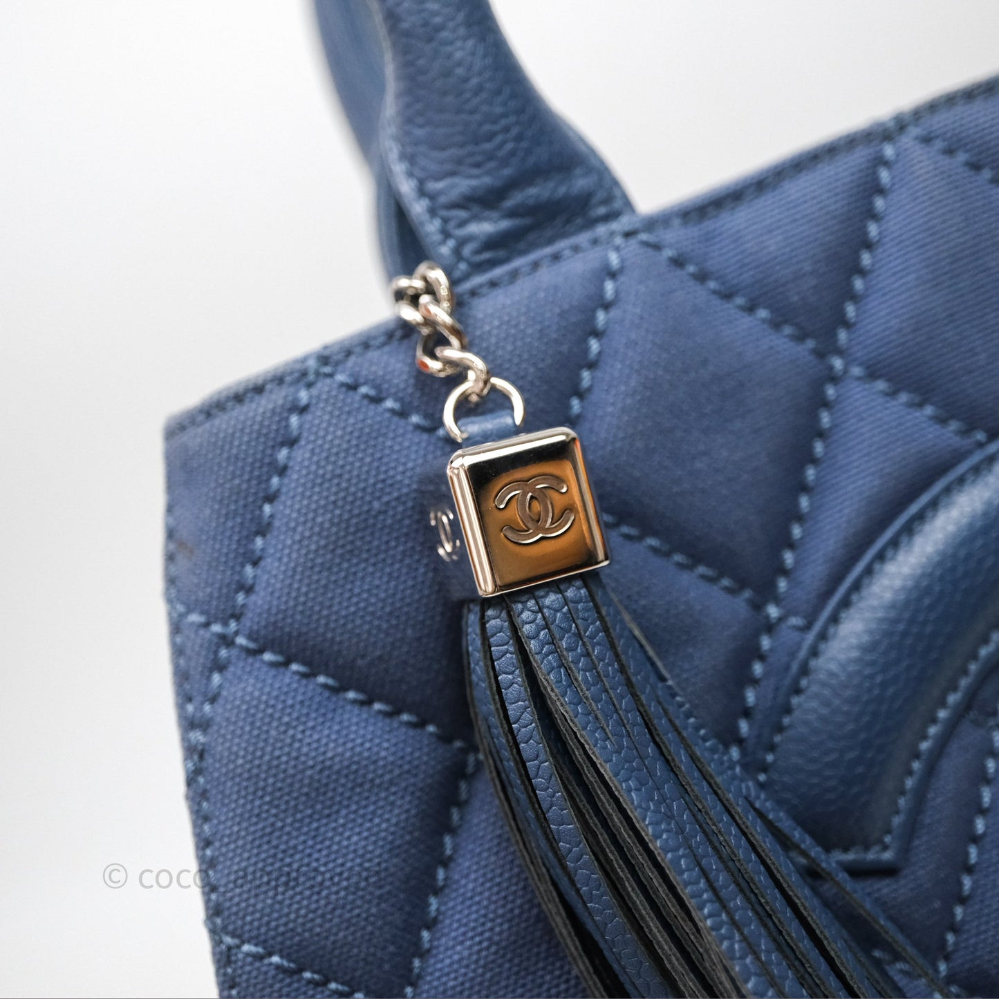 Chanel Blue Caviar Tassel Canvas Tote Bag