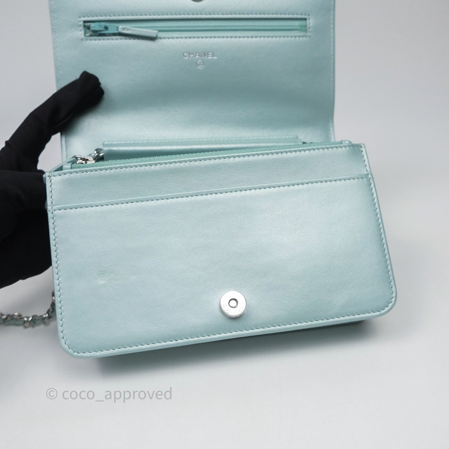 Chanel Mademoiselle Wallet On Chain WOC Chevron Iridescent Blue Caviar Silver Hardware