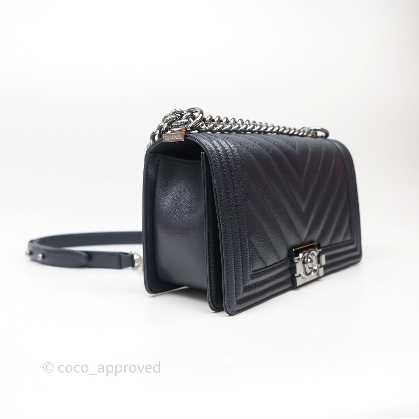 Chanel Medium Boy Chevron Dark Navy Caviar Silver Hardware