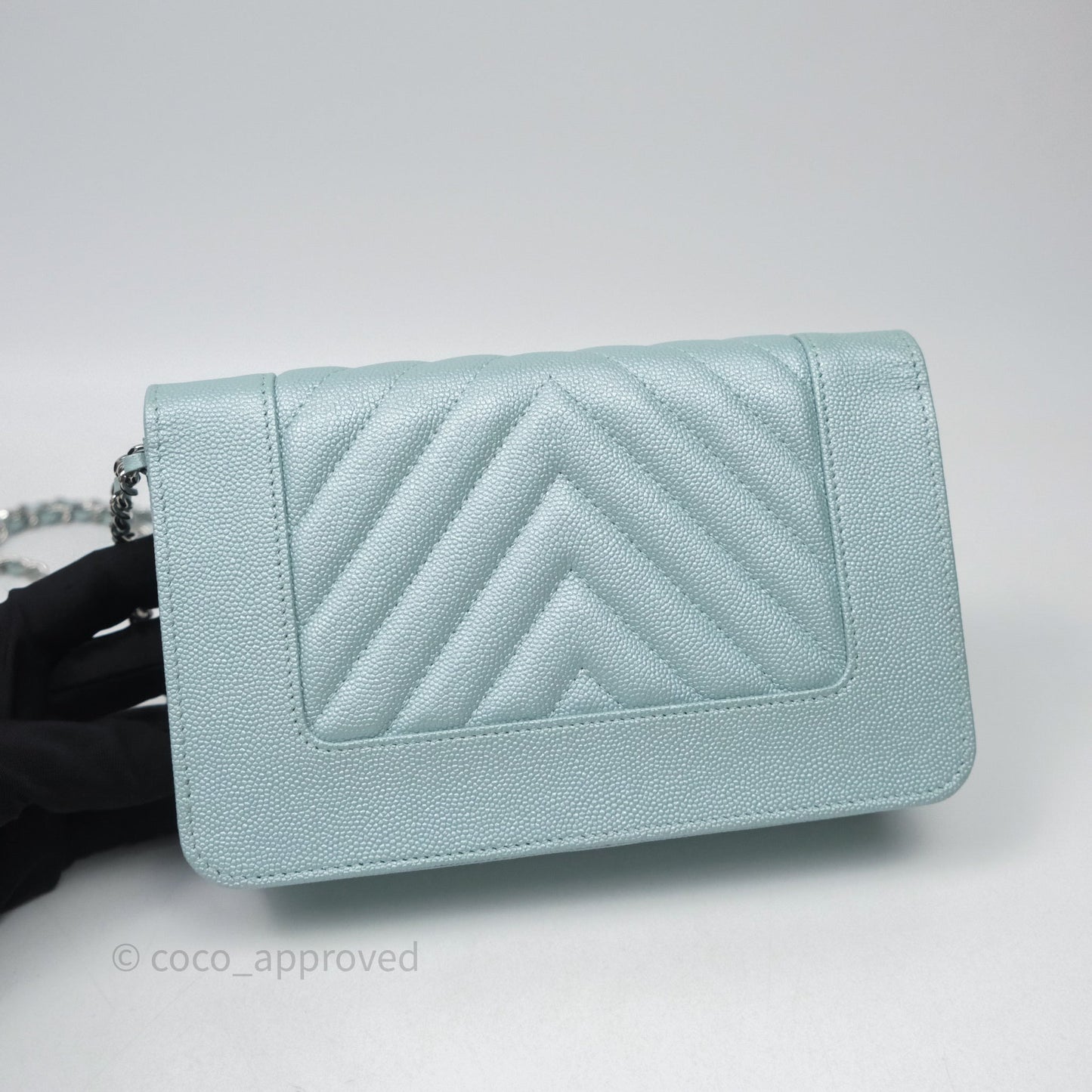 Chanel Mademoiselle Wallet On Chain WOC Chevron Iridescent Blue Caviar Silver Hardware