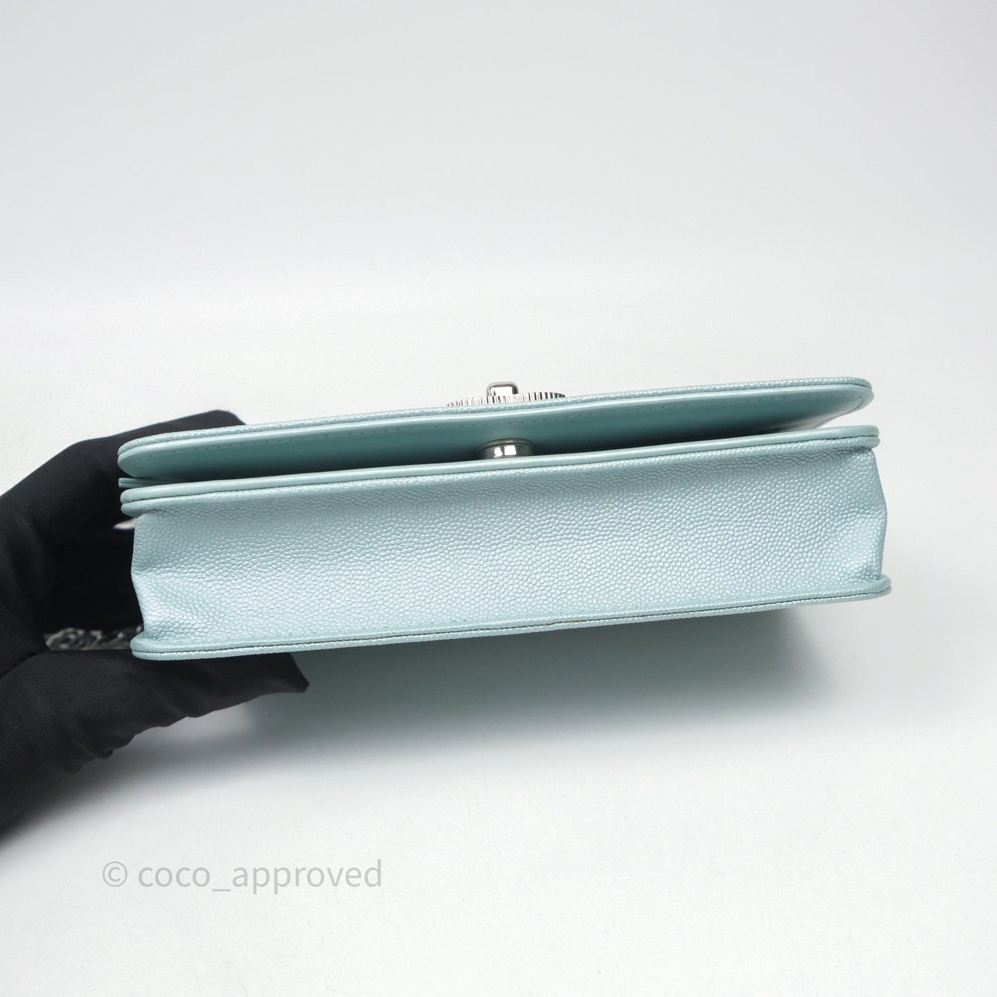 Chanel Mademoiselle Wallet On Chain WOC Chevron Iridescent Blue Caviar Silver Hardware