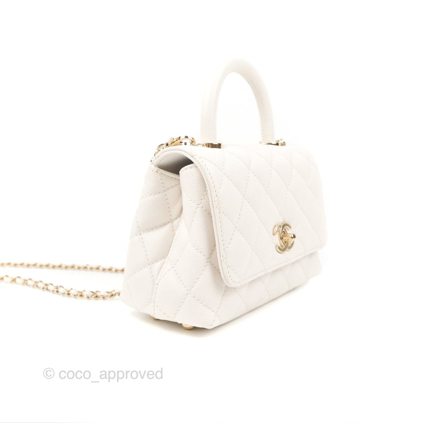 Chanel Mini Ivory White Coco Handle Quilted Caviar Gold Hardware