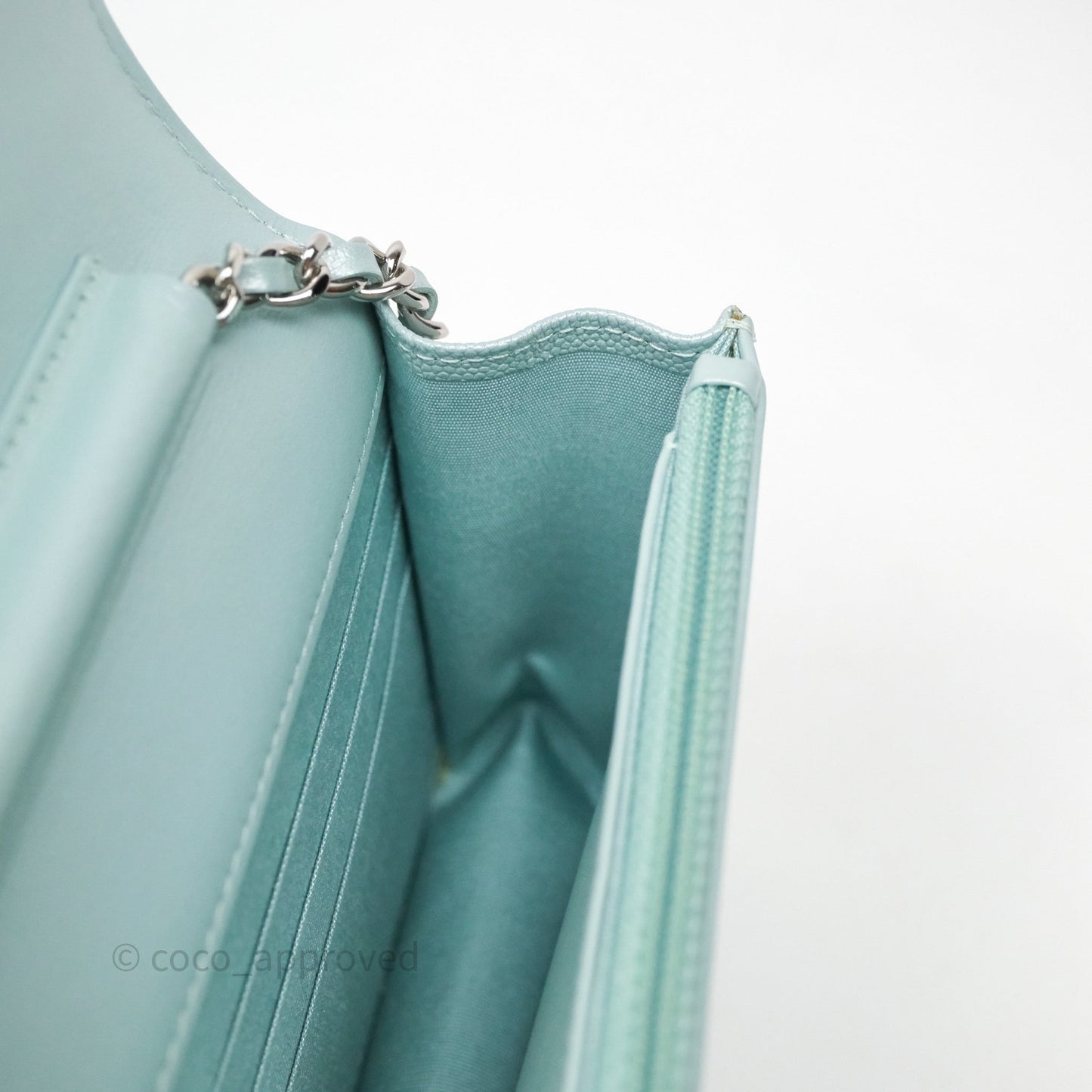 Chanel Mademoiselle Wallet On Chain WOC Chevron Iridescent Blue Caviar Silver Hardware