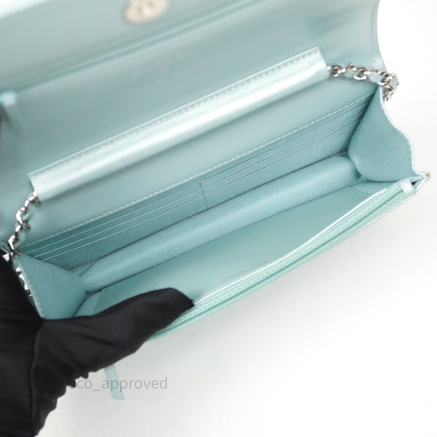 Chanel Mademoiselle Wallet On Chain WOC Chevron Iridescent Blue Caviar Silver Hardware