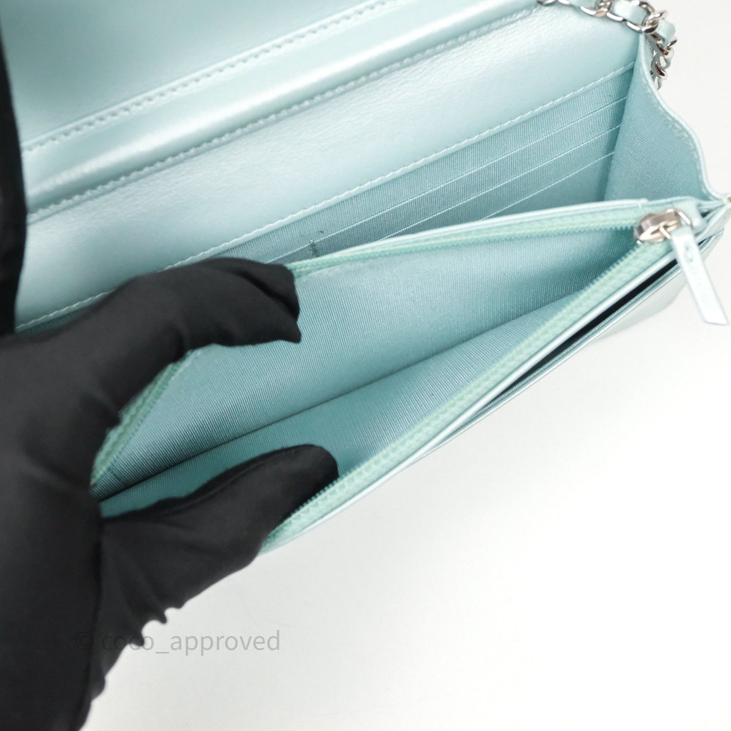 Chanel Mademoiselle Wallet On Chain WOC Chevron Iridescent Blue Caviar Silver Hardware