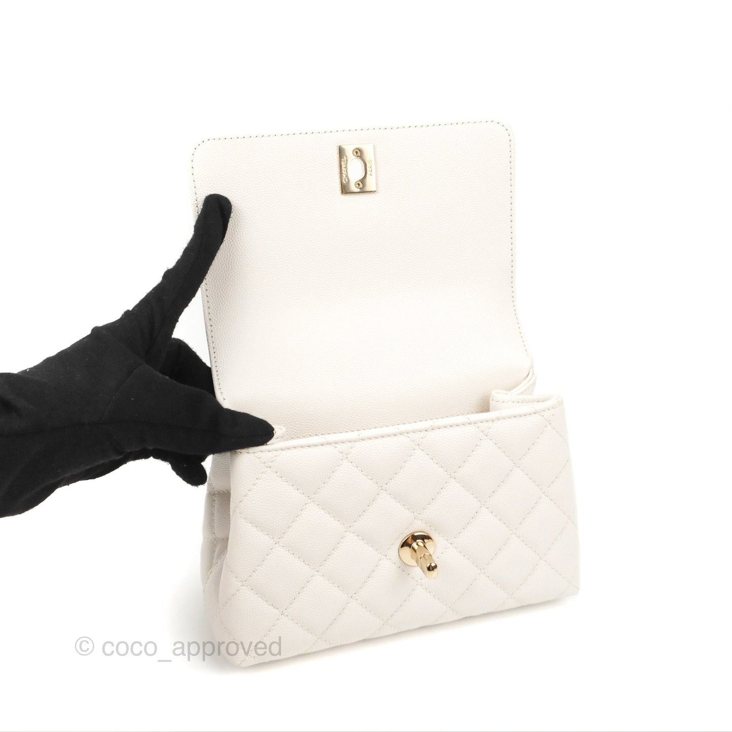 Chanel Mini Ivory White Coco Handle Quilted Caviar Gold Hardware