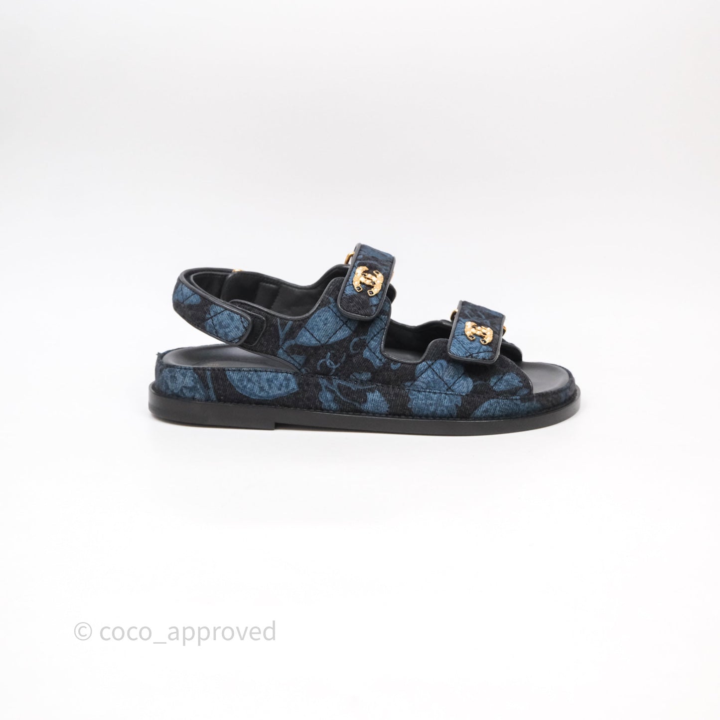 Chanel Dad Sandals CC Black Blue Denim Size 37