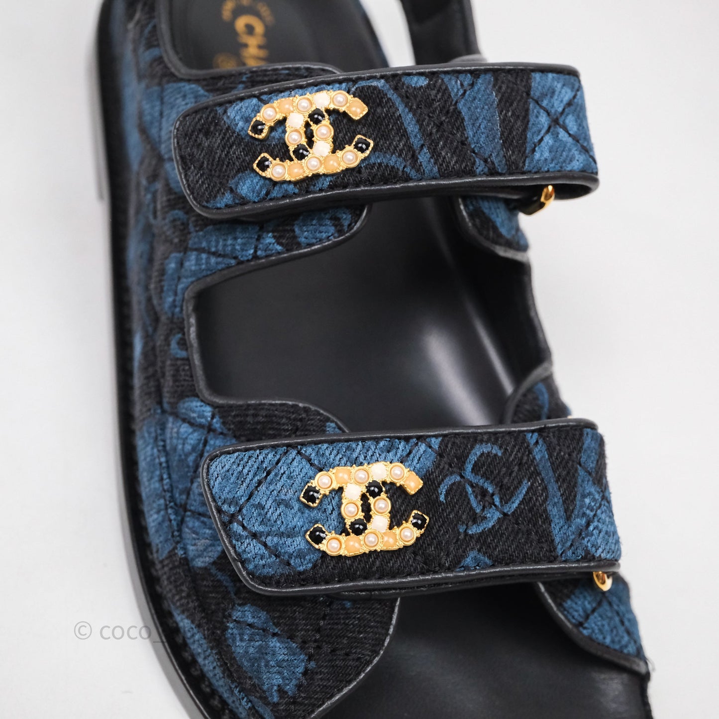 Chanel Dad Sandals CC Black Blue Denim Size 37
