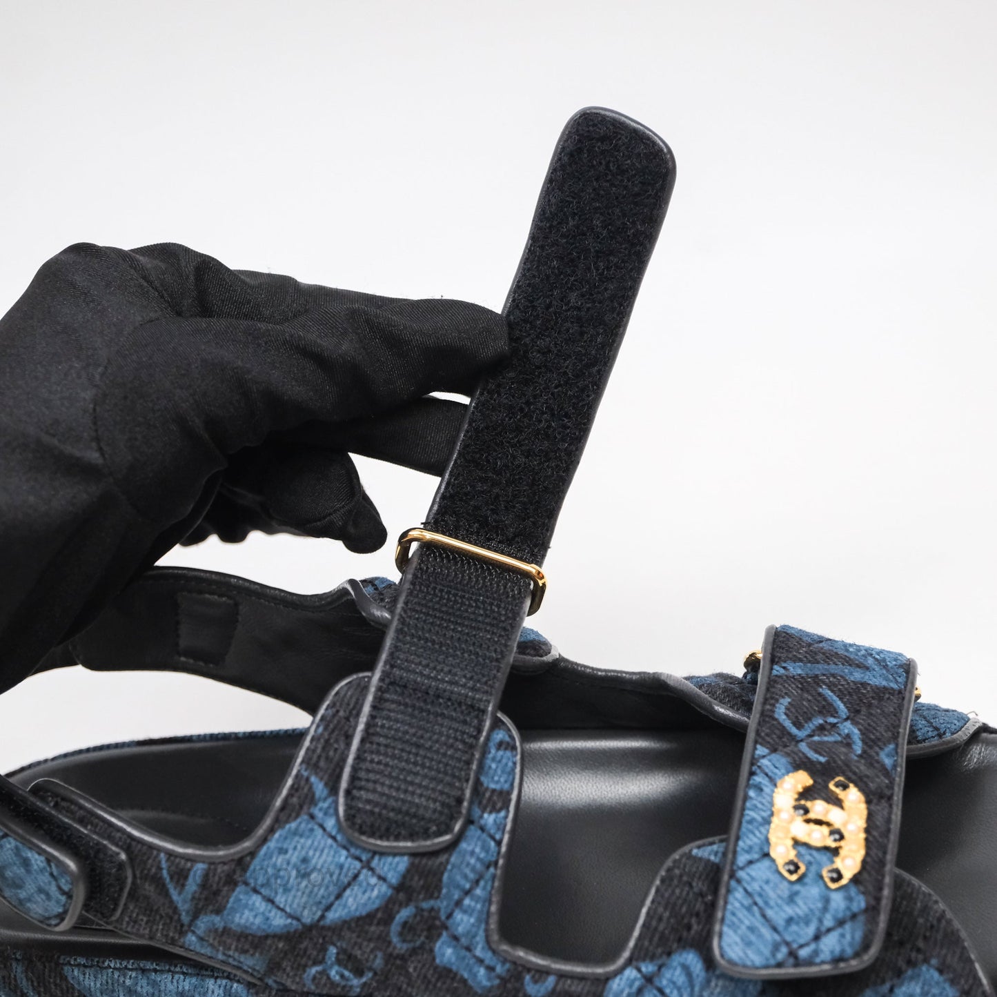 Chanel Dad Sandals CC Black Blue Denim Size 37