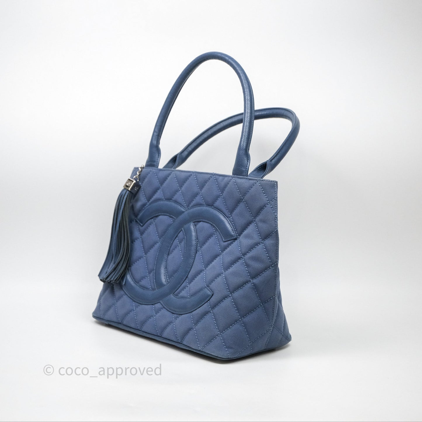 Chanel Blue Caviar Tassel Canvas Tote Bag