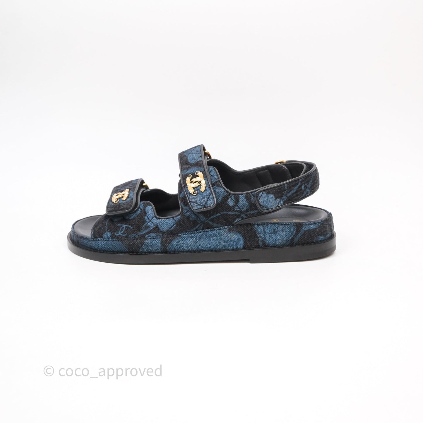 Chanel Dad Sandals CC Black Blue Denim Size 37