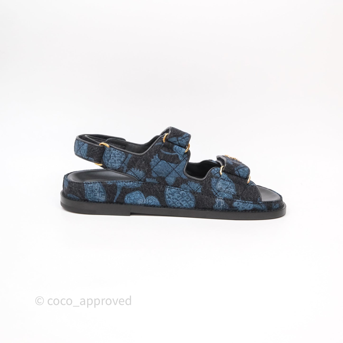 Chanel Dad Sandals CC Black Blue Denim Size 37