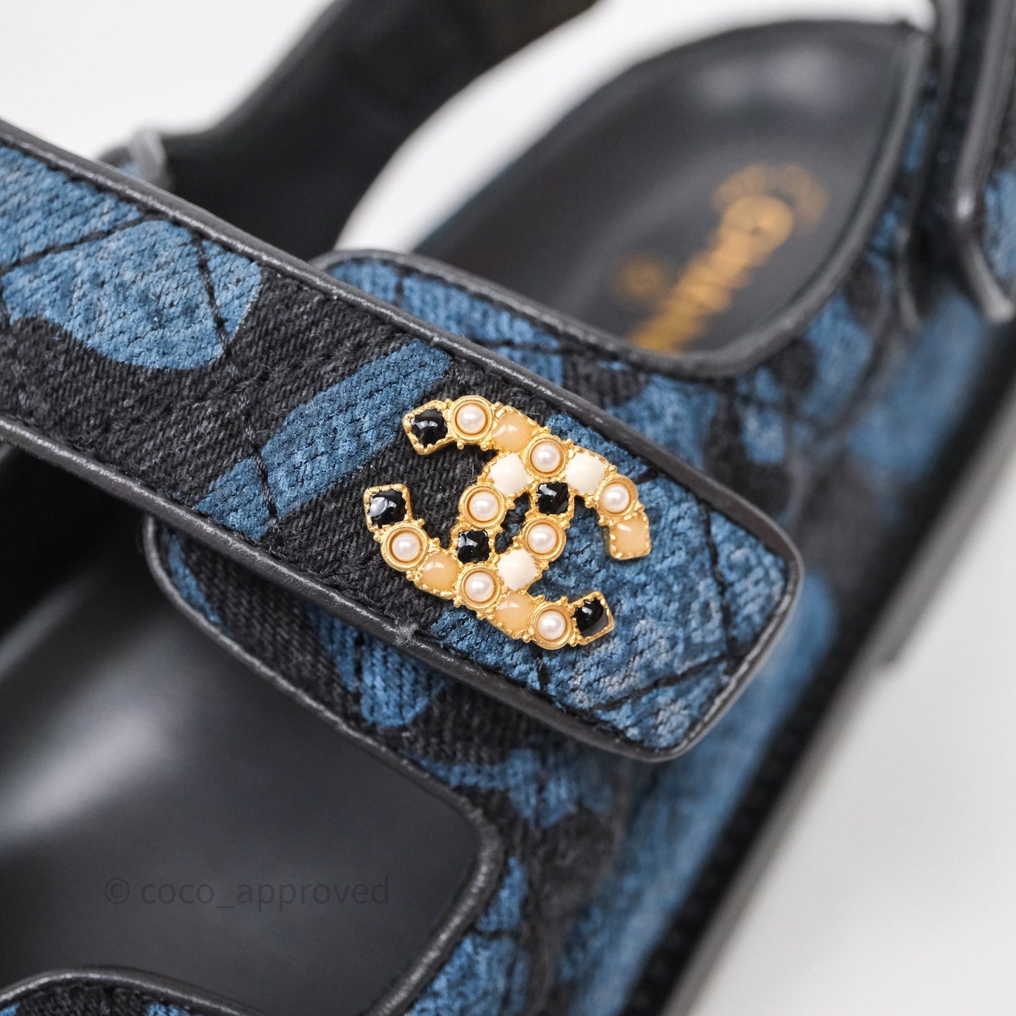 Chanel Dad Sandals CC Black Blue Denim Size 37