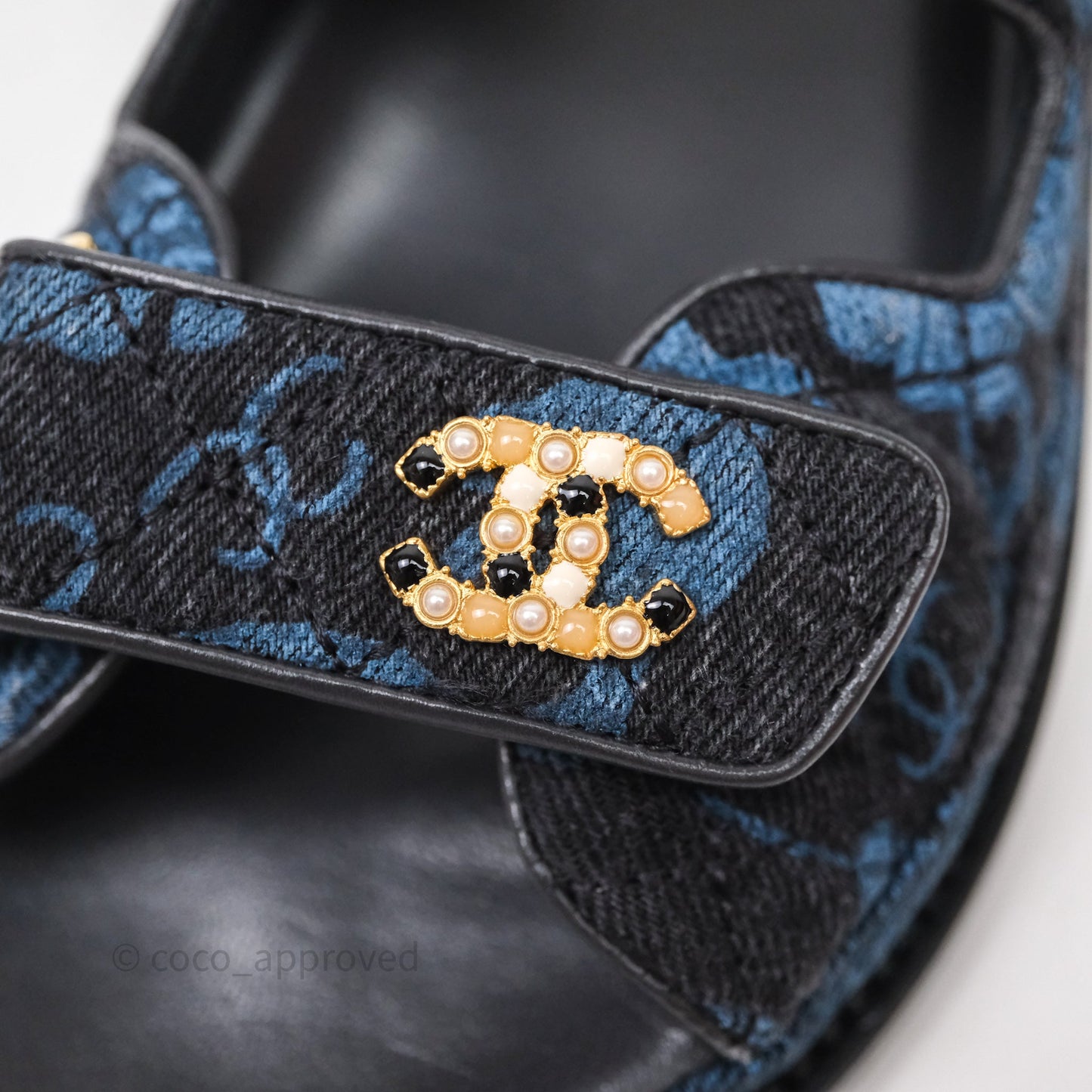 Chanel Dad Sandals CC Black Blue Denim Size 37