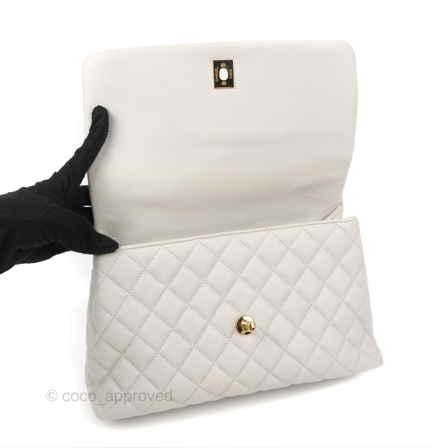 Chanel Medium Coco Handle Quilted Grey Caviar Gold Hardware
