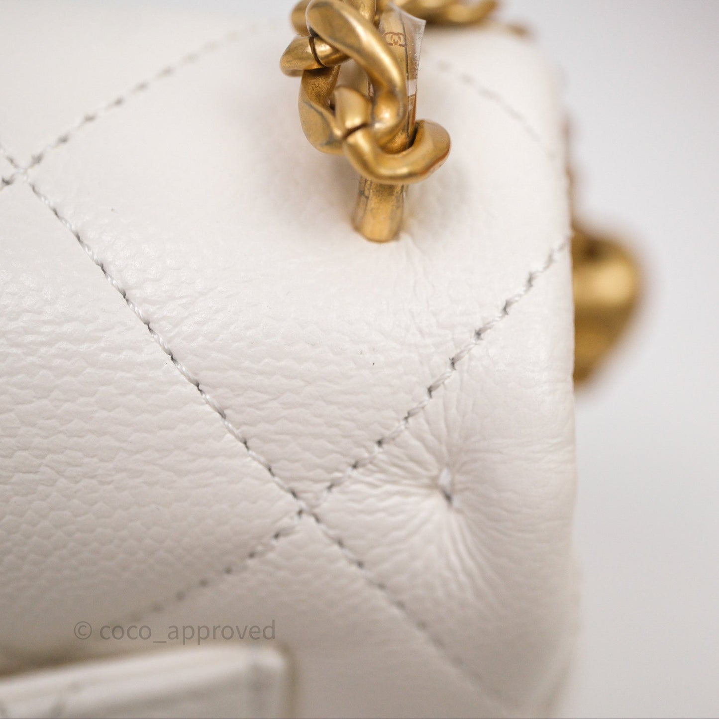Chanel Mini Flap Bag Heart Adjustable Chain White Caviar Aged Gold Hardware
