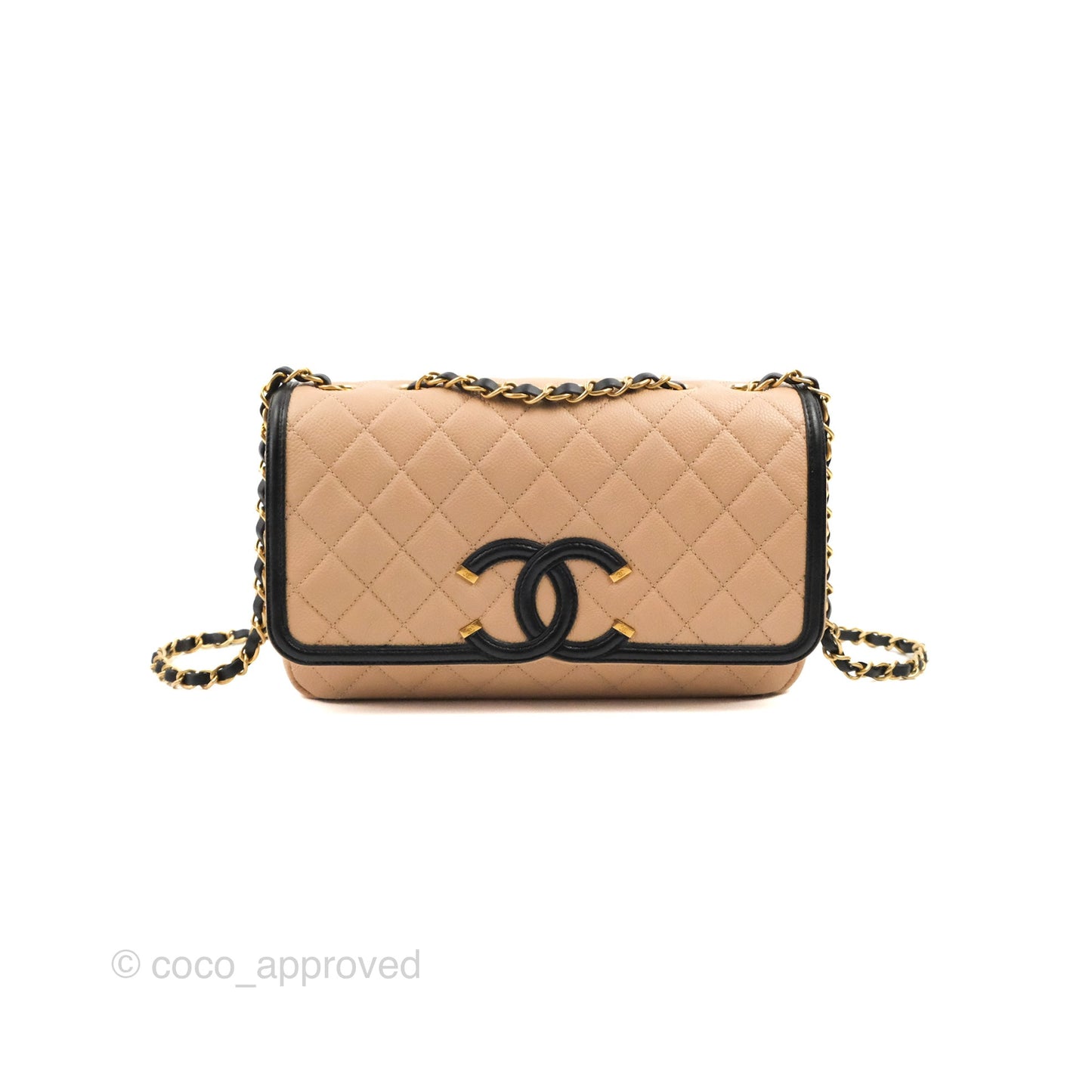 Chanel Quilted Medium CC Filigree Flap Beige Black Caviar