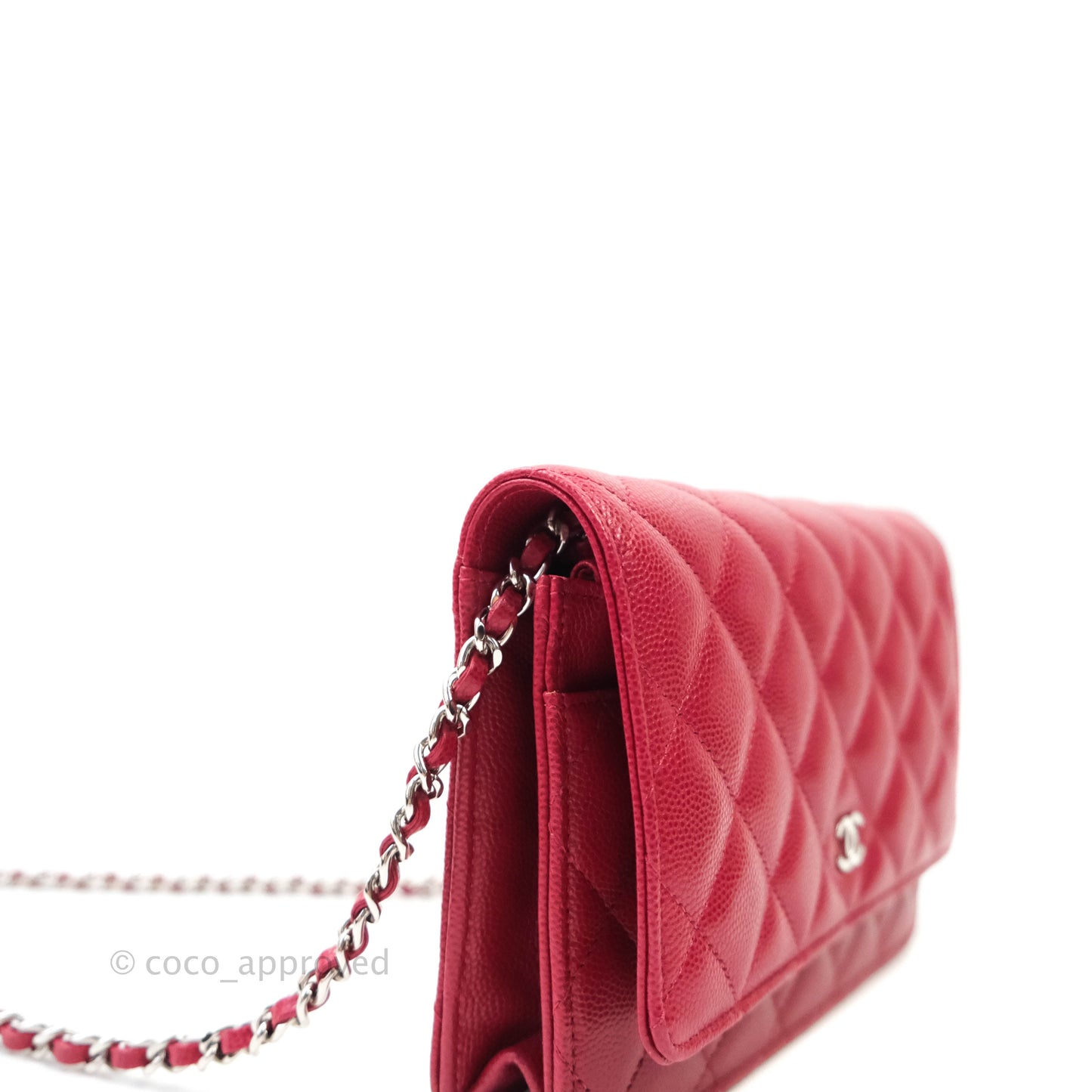 Chanel Quilted Wallet on Chain WOC Cherry Red Caviar Silver Hardware 18B