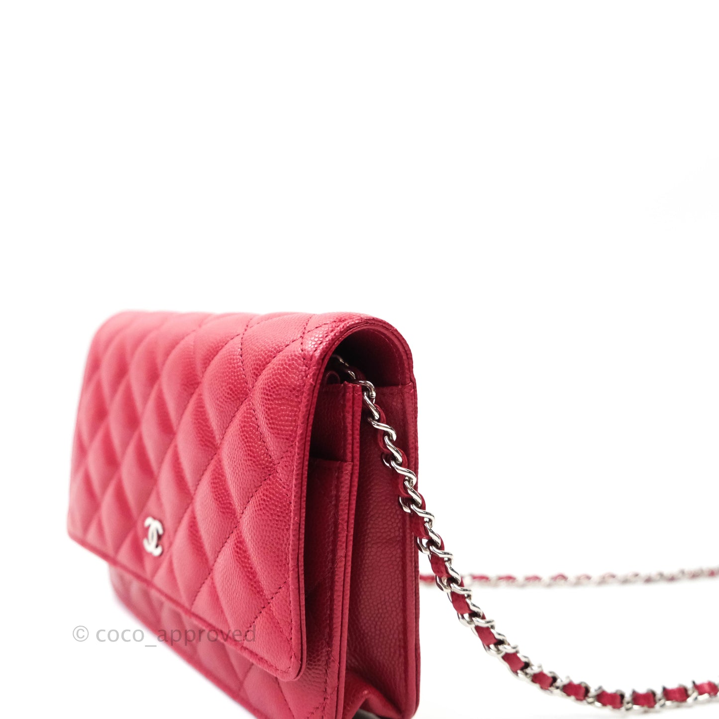 Chanel Quilted Wallet on Chain WOC Cherry Red Caviar Silver Hardware 18B