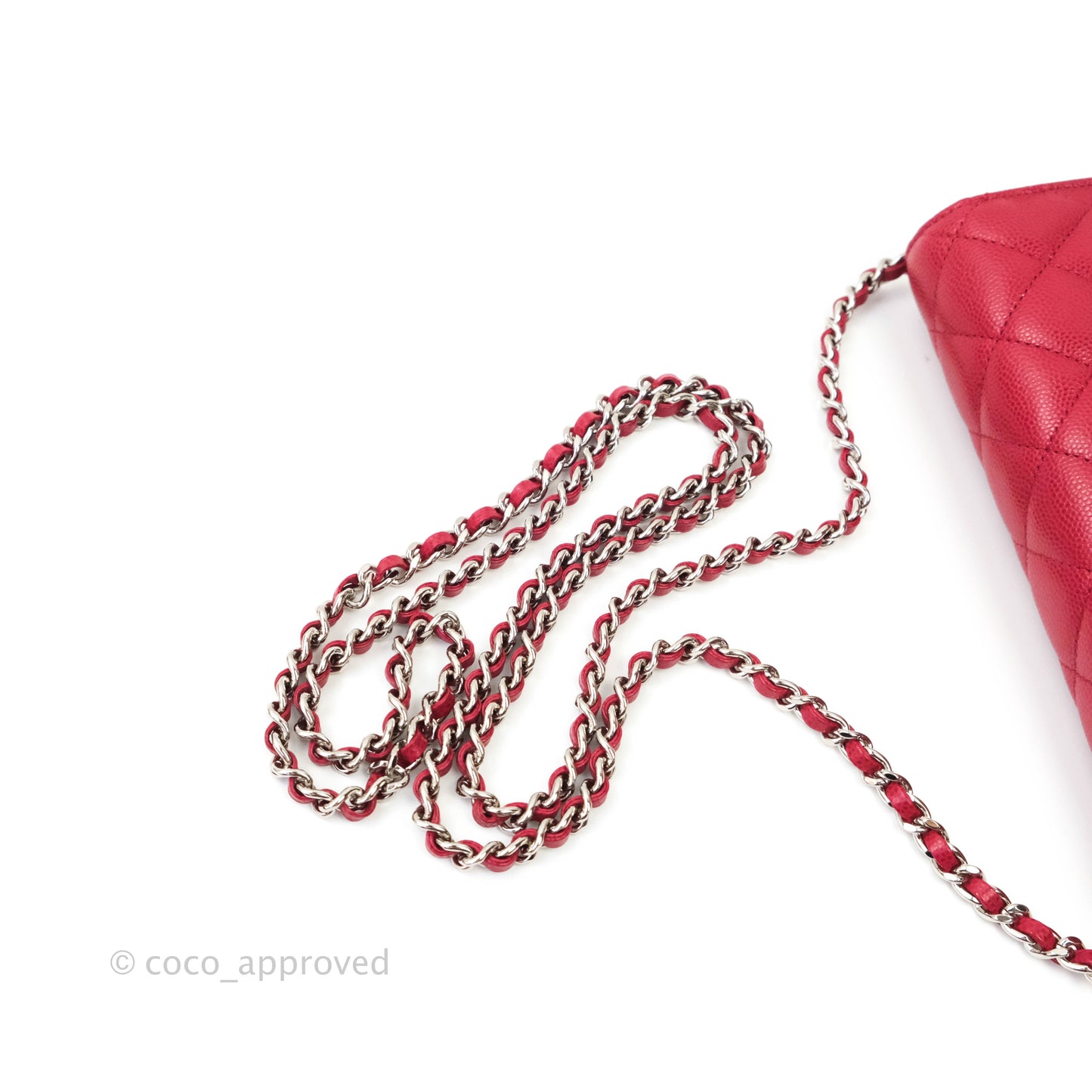 Chanel Quilted Wallet on Chain WOC Cherry Red Caviar Silver Hardware 18B