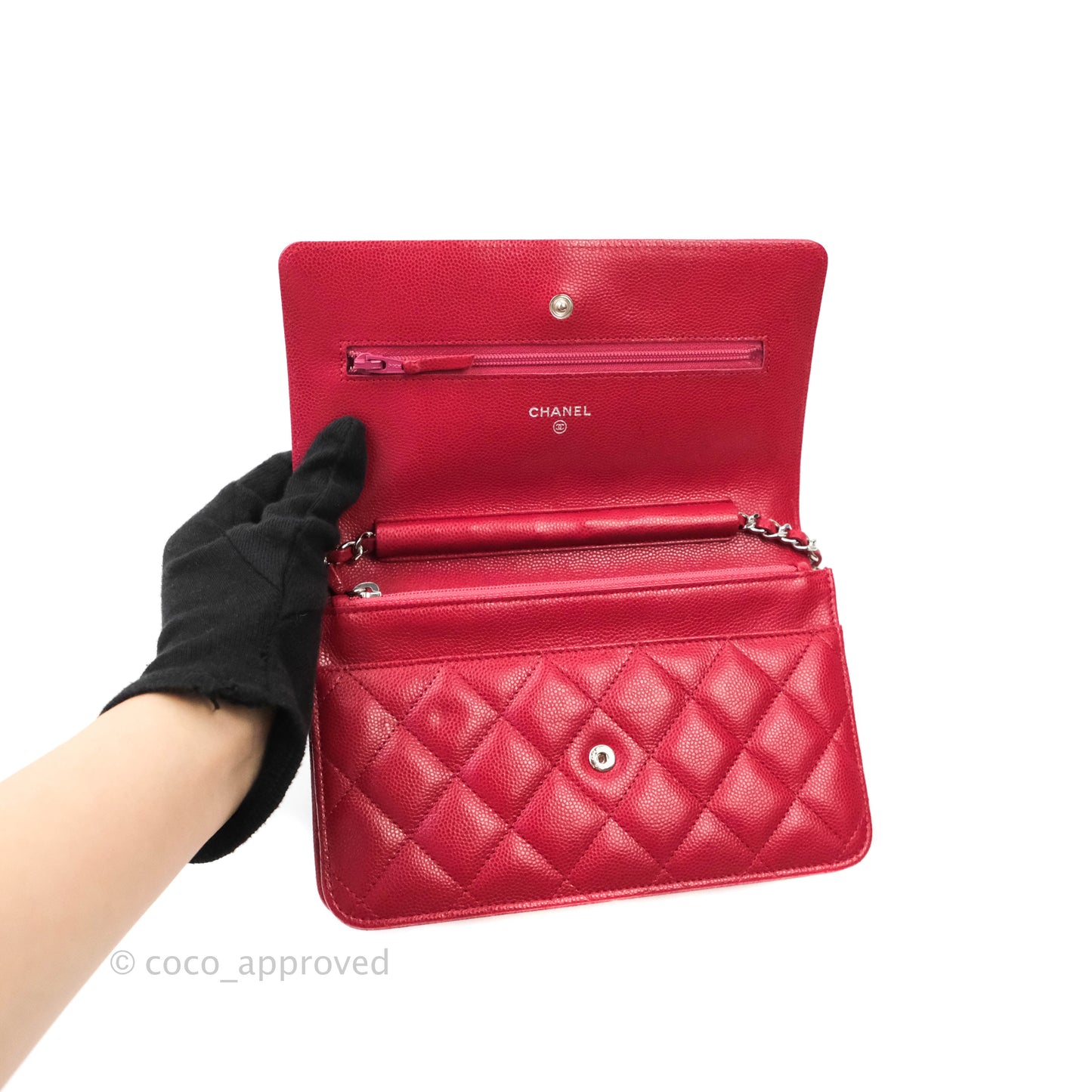 Chanel Quilted Wallet on Chain WOC Cherry Red Caviar Silver Hardware 18B