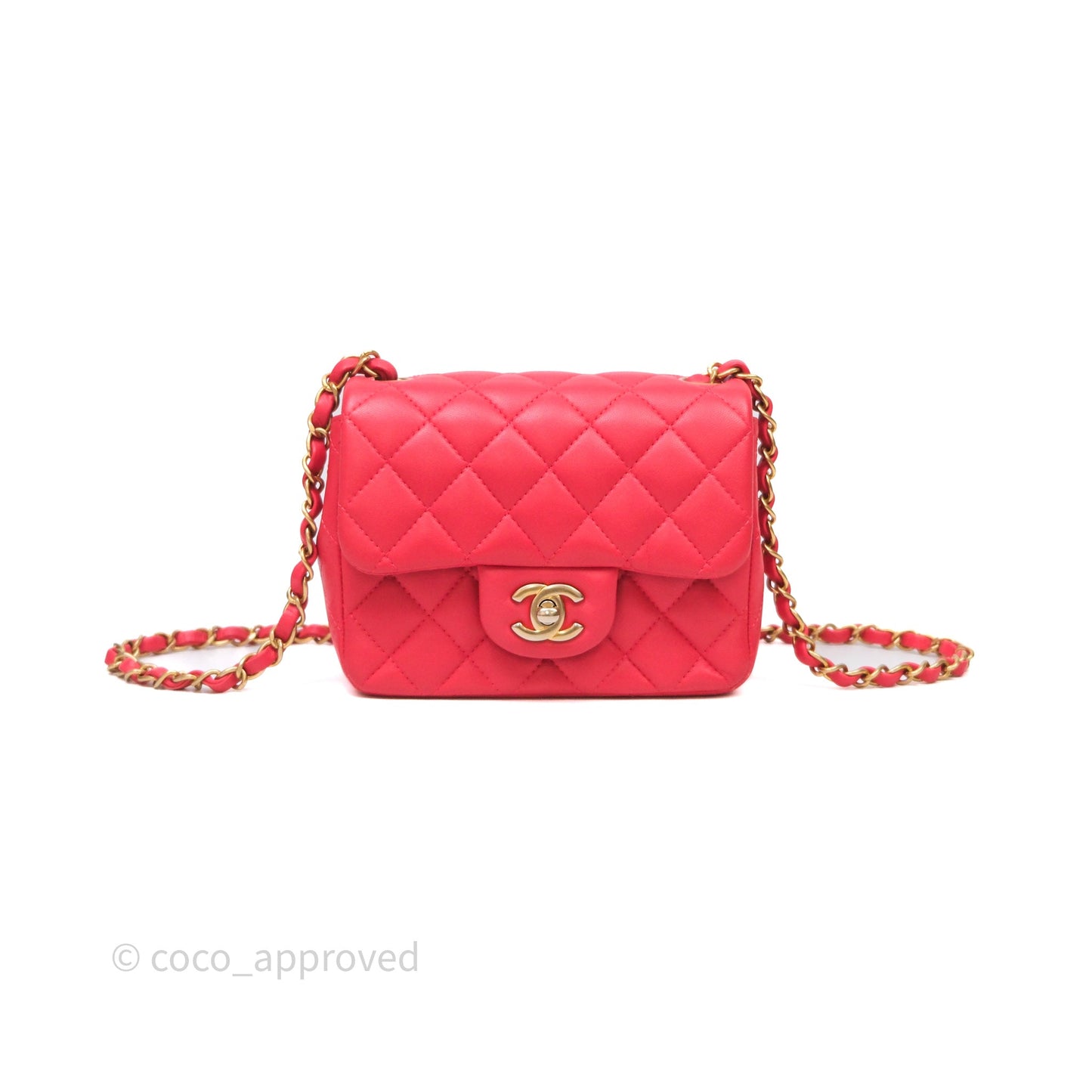 Chanel Mini Square Quilted Red Lambskin Aged Gold Hardware