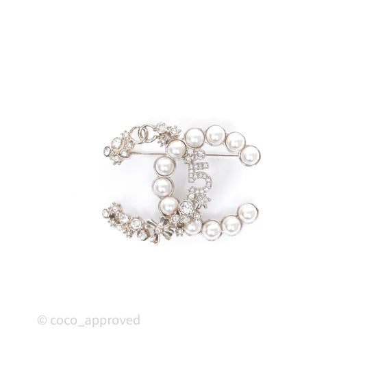 Chanel CC No5 Pearl Crystal Brooch Silver Tone 23P
