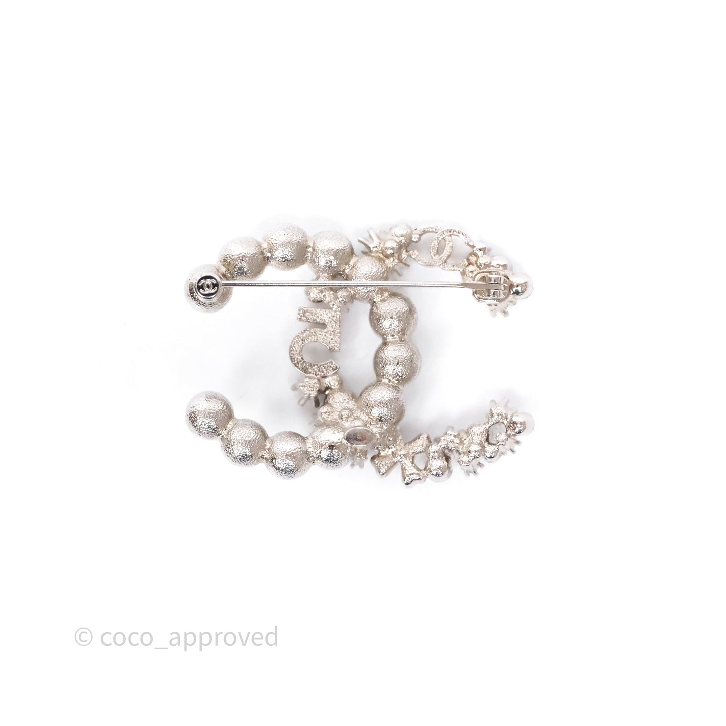 Chanel CC No5 Pearl Crystal Brooch Silver Tone 23P