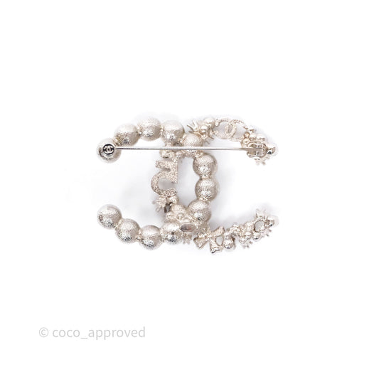 Chanel CC No5 Pearl Crystal Brooch Silver Tone 23P