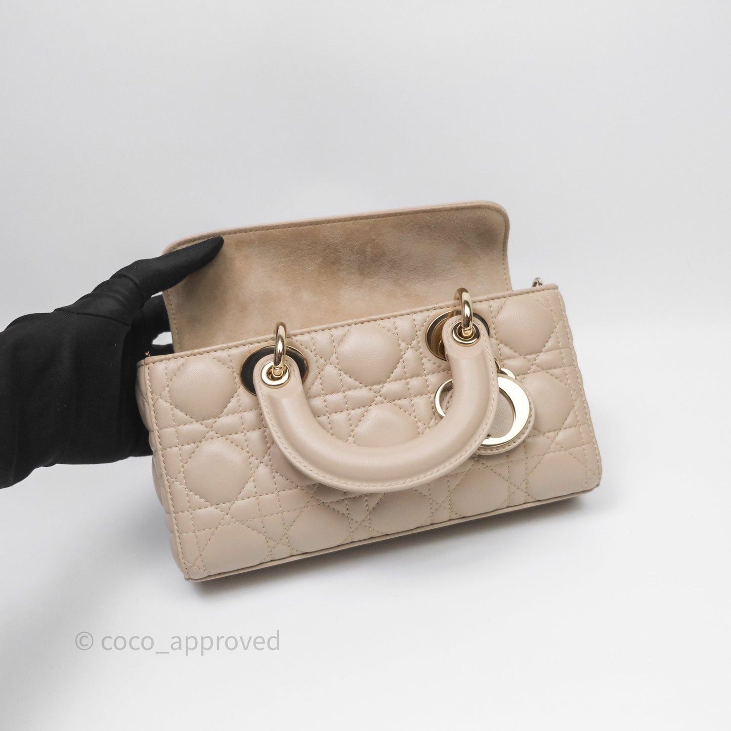 Christian Dior Small Lady D-Joy Powder Beige Cannage Lambskin Gold Hardware