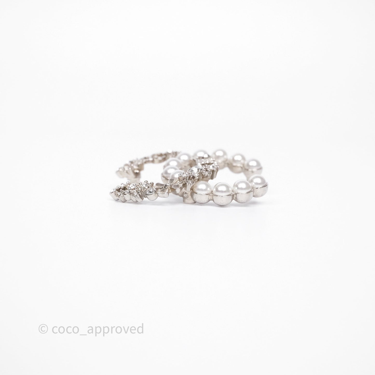 Chanel CC No5 Pearl Crystal Brooch Silver Tone 23P