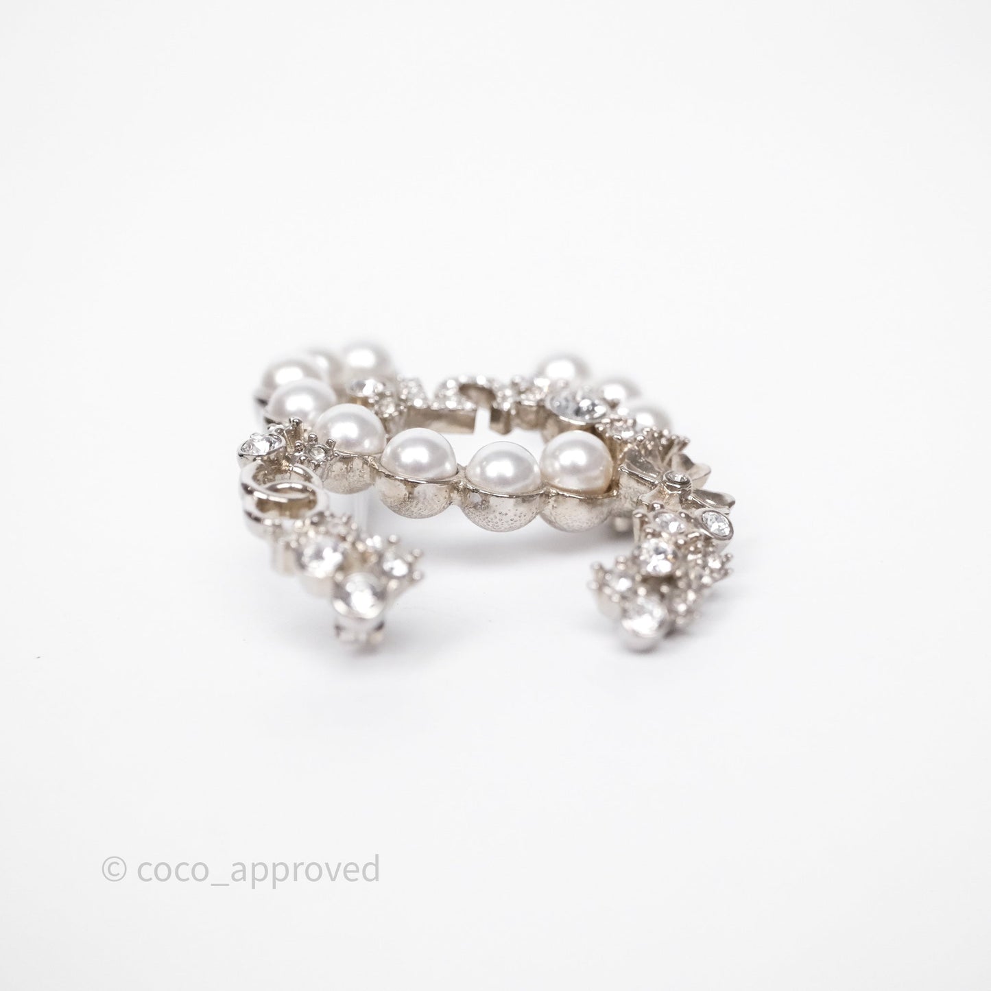 Chanel CC No5 Pearl Crystal Brooch Silver Tone 23P